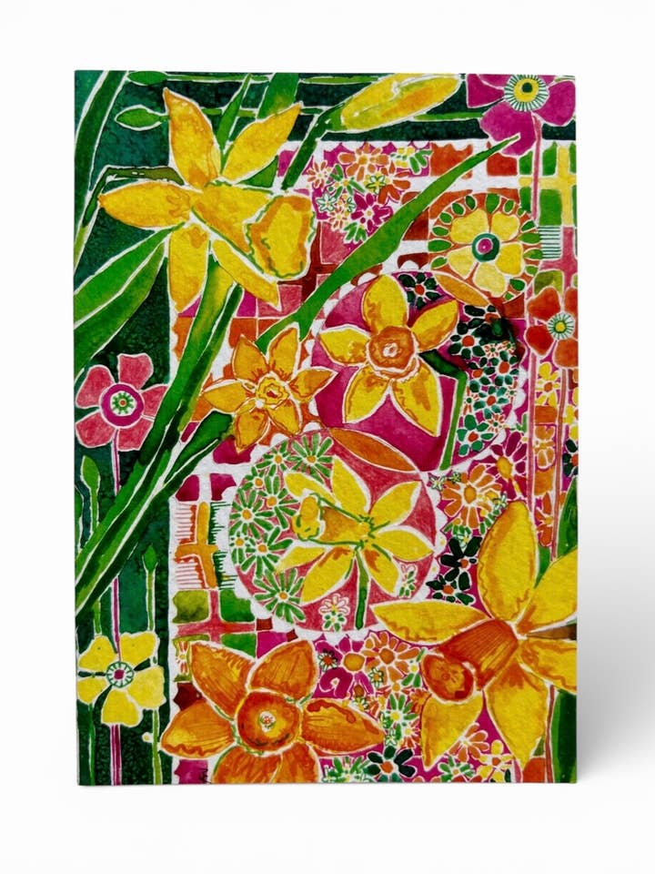 Carte de vœux peinte à la main avec patchwork floral de jonquilles pour la vente par Au Faye