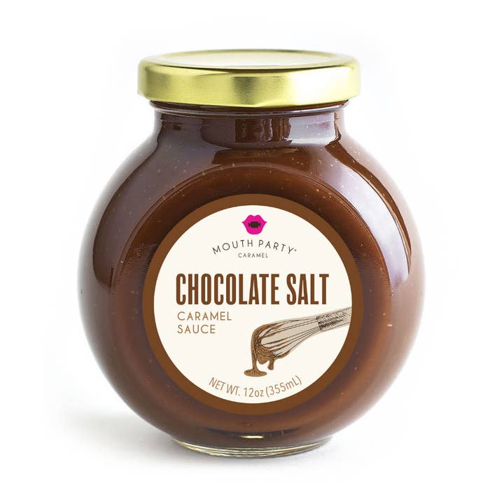 Chocolate sea salt caramel sauce 12oz jar for wholesale by Mouth Party, LLC