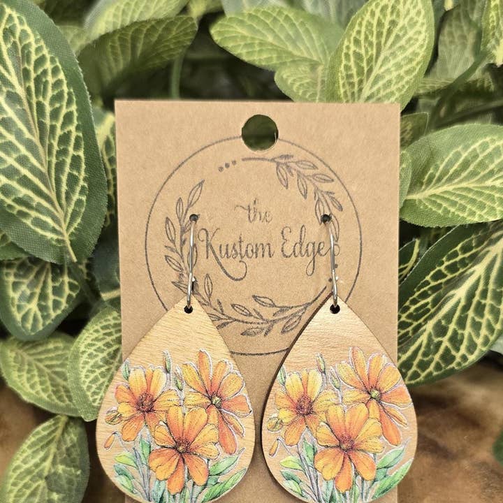 Papaverbloem Tranen Houten Oorbellen, Handgemaakt voor wholesale door The Kustom Edge