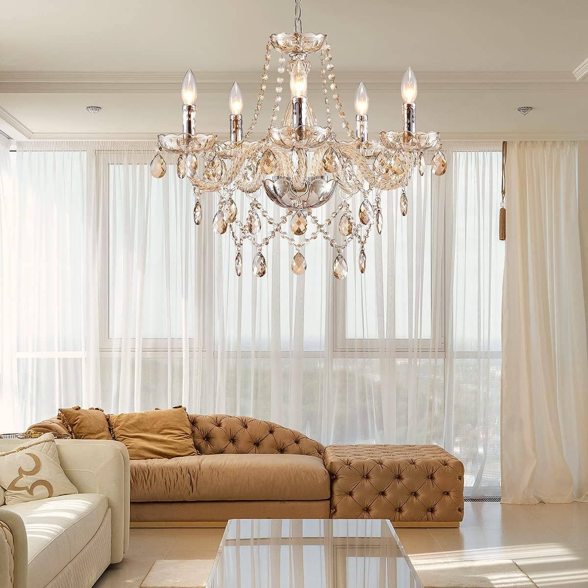 Saint Mossi 5 Light Modern K9 Crystal Chandelier for Dining Room, Pendant Ceiling Lighting Fixture for Bedroom, Living Room, Champagne Crystal for wholesale on Faire1