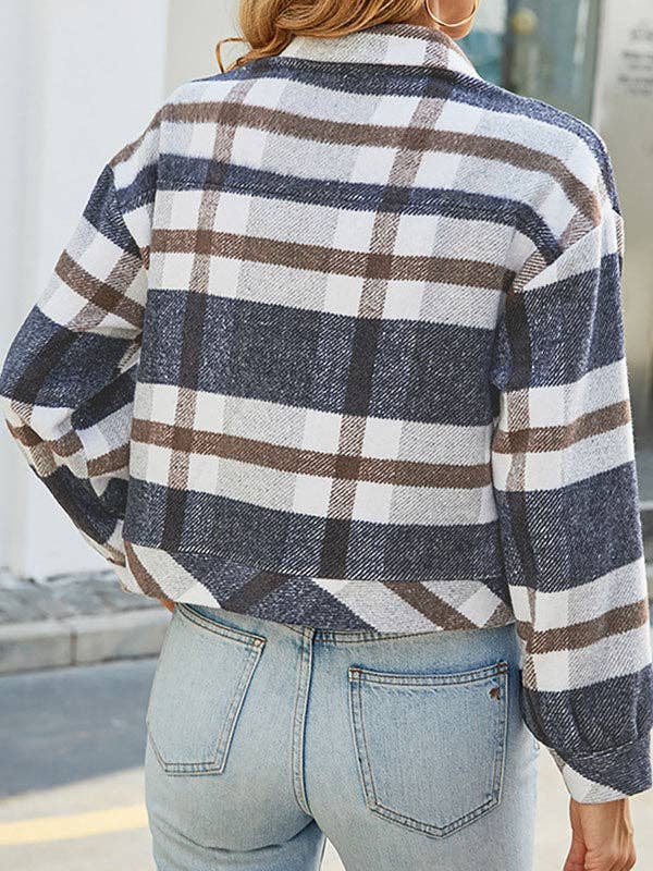 DJUPBLÅ Långa ärmar Lösa knappar Kontrastfärg Rutigt Lapel Ytterkläder för wholesale på Faire4