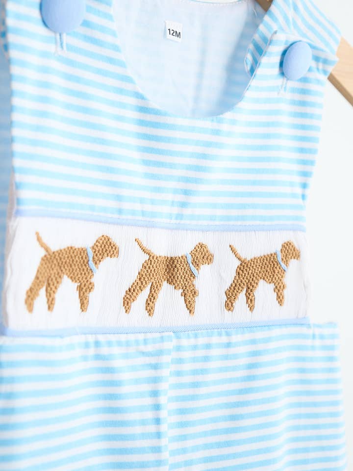 Aspen Rain Boutique – Großhandel Strampler – Baby – Blauer Welpe handgesmokter Jungenstreifen-Jonjon1