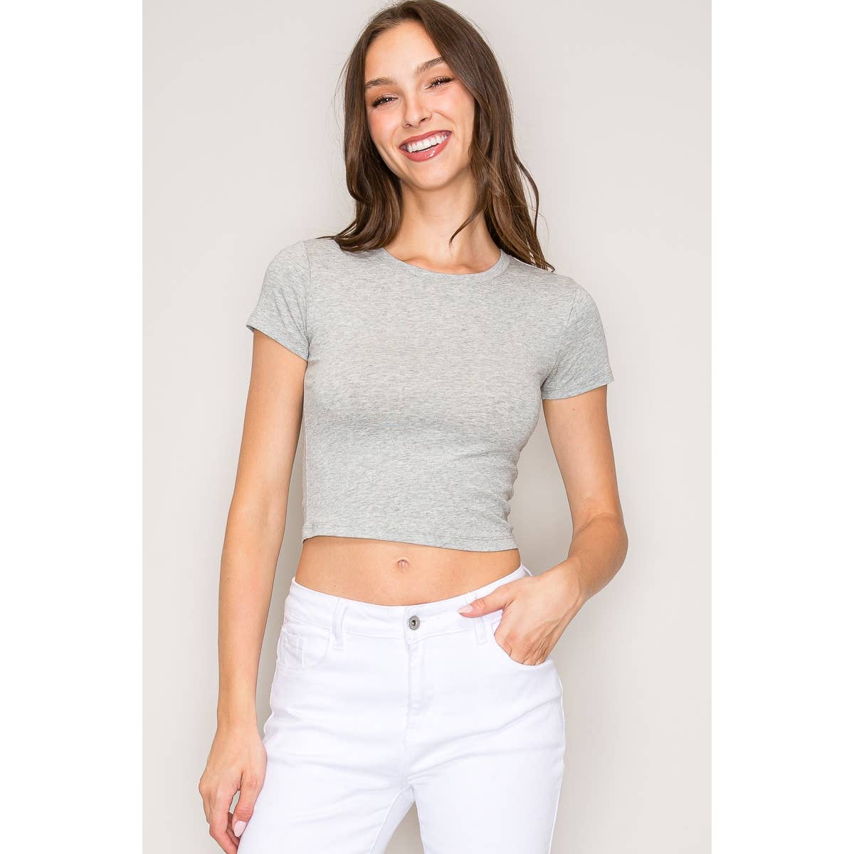 Popular 21 - Wholesale Knit Top - Women's - Crew Neck Short Sleeve Cotton Crop Top0