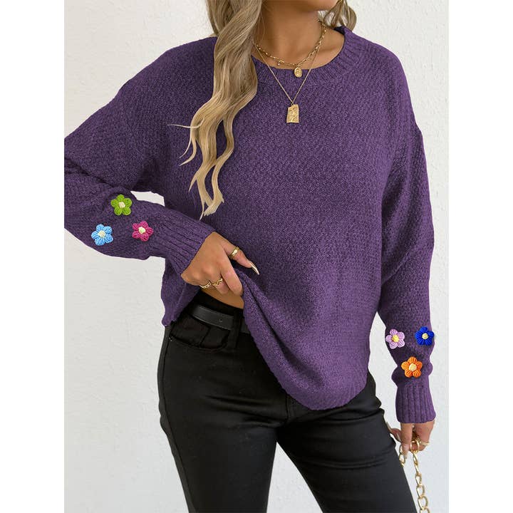 UNISHE - Wholesale Knit Sweater - Women's - Hand-Crocheted Floral Patchwork Round Neck Sweater OYM25316