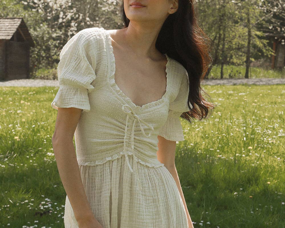 Atèlette - Wholesale Dress - Women's - Romantic Cream Cotton Gauze Midi Dress - Blythe Dress3