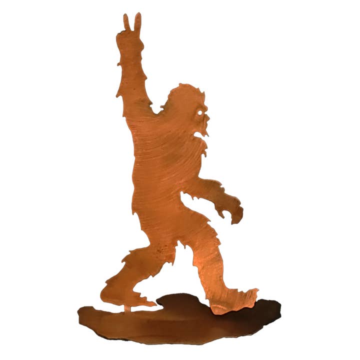 Crooks Designs - Wholesale Decorative Tabletop Object - Bigfoot Walking Peace Sign Table Topper Art, Rust Finish (Co
