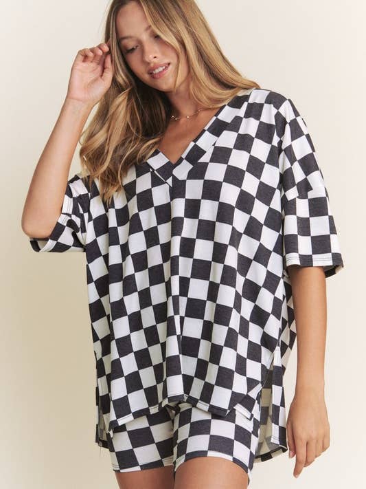 JADE BY JANE PLUS - Wholesale Lounge Set - Women's - PLUS SIZE SHORT SLV V-NECK / SHORTS CHECKERBOARD SET14