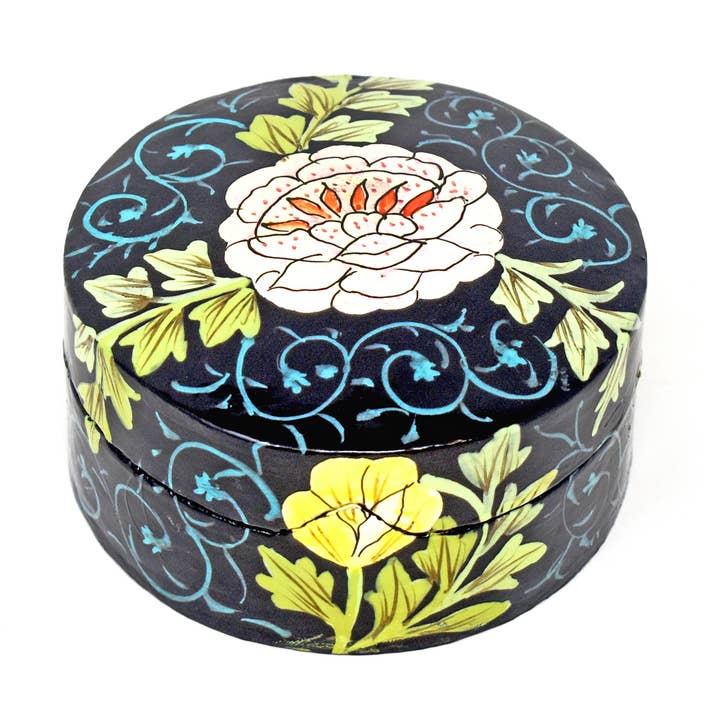 Handgeschilderde Kasjmier Ronde Doos Roze Bloem Set van 6 voor wholesale door Fair to Trade Ltd