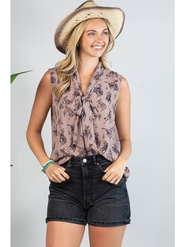 Mocha AT1289-COLETTE BUCKING HORSES PRINT FRONT TIE WOVEN TOP for wholesale on Faire
