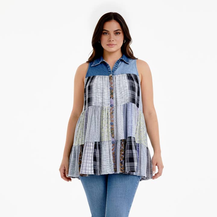 Young Threads - Wholesale Button Down Shirt - Women's - Boho Chic Nomad Patchwork Buttondown Top Sleevel (New Color)54