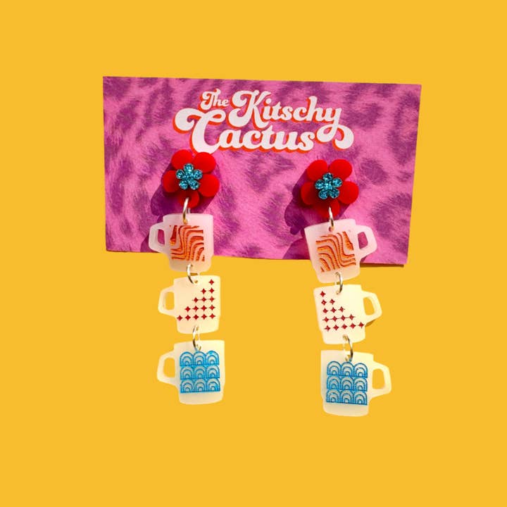 The Kitschy Cactus – wholesale Dangle earrings – Cigarettes & Coffee- Vintage Milk Glass Mug Earrings