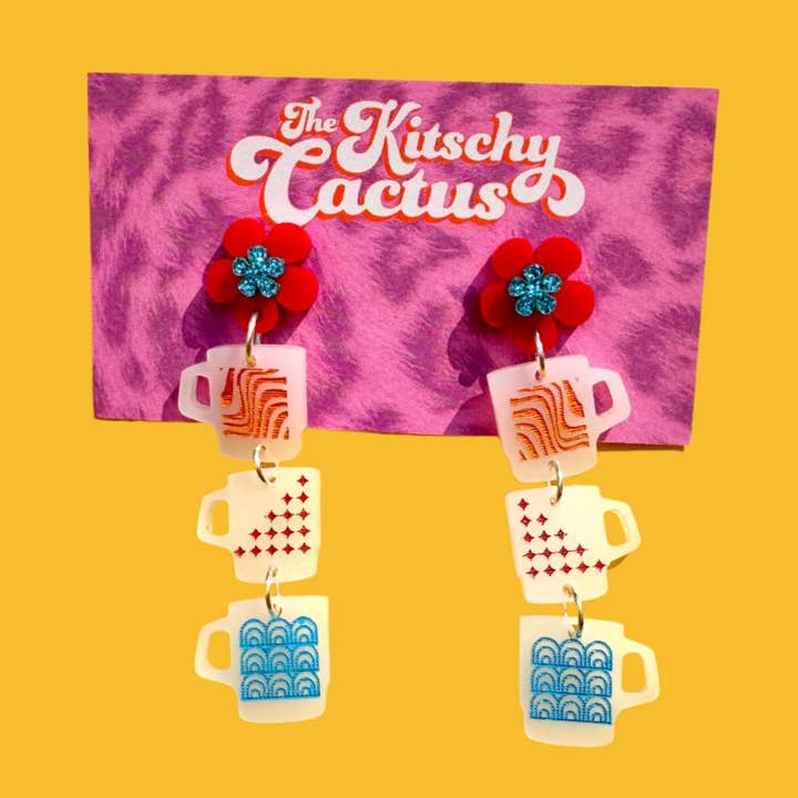 The Kitschy Cactus - Wholesale Dangle Earrings - Cigarettes & Coffee- Vintage Milk Glass Mug Earrings0