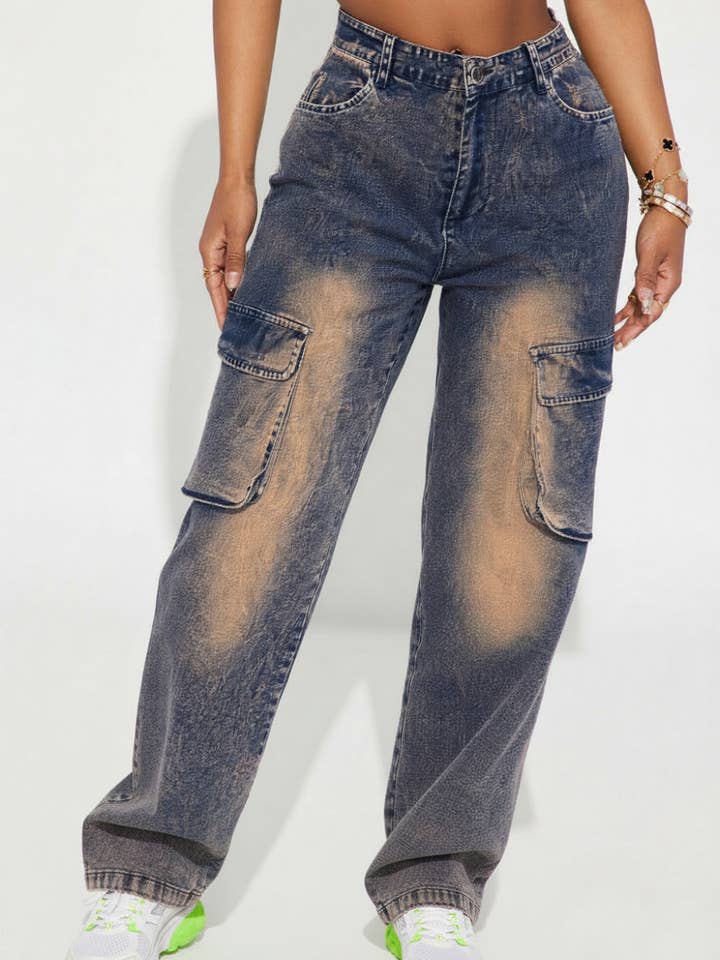 CARGO POCKETS WIDE LEG WASHED DENIM STRETCH PANTS for wholesale by 5besties inc