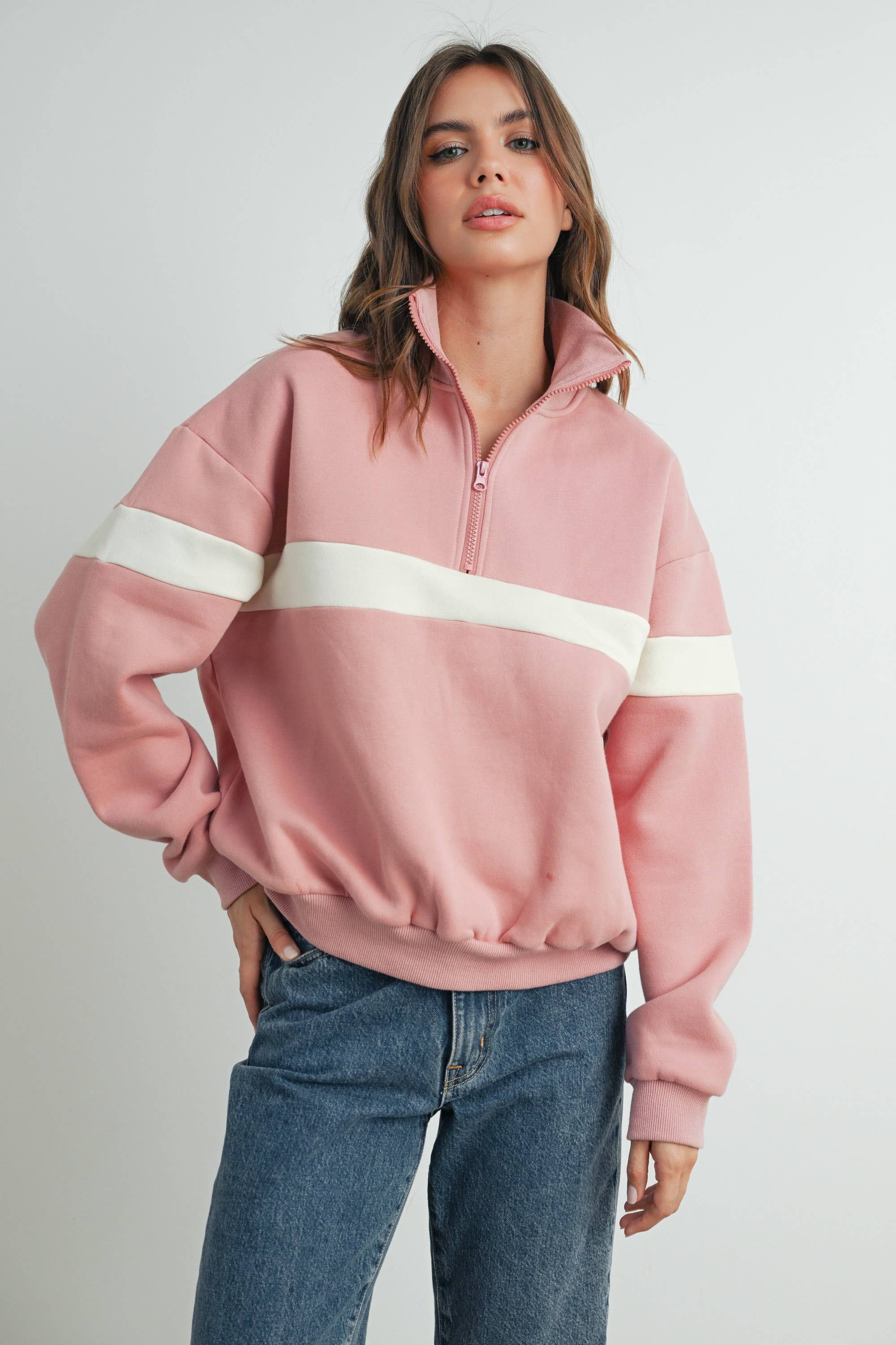 BUTTERMELON - Wholesale Sweatshirt - Women's - Two-Toned Half Zip Collar Sweatshirt - BMT753530