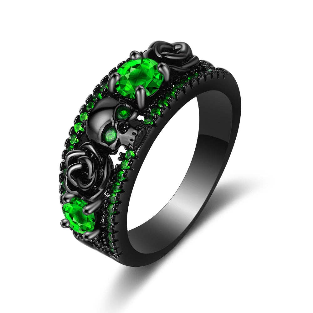 Tourtiwi - Wholesale Cocktail/Statement Ring - Gothic Skull Flower Black Gold Inlaid Zircon Ring1