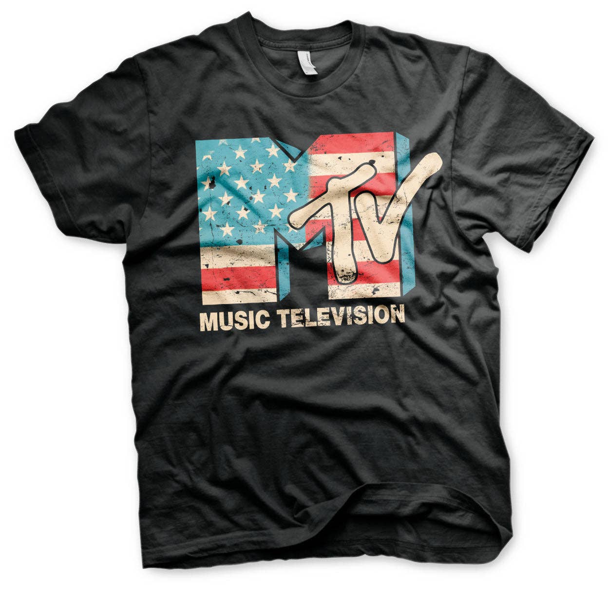 Black MTV Distressed US-Flag T-Shirt for wholesale on Faire0