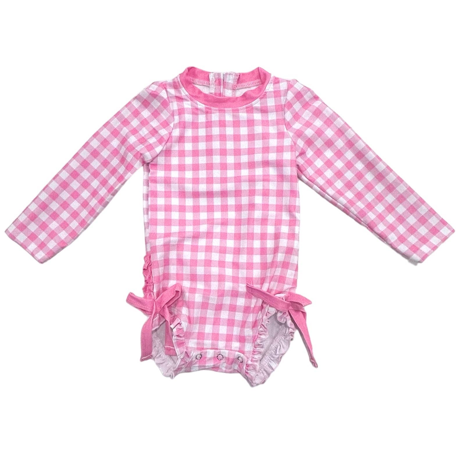 Sugar Bee Clothing - Vente Maillot de bain une pièce – enfant - Maillot de bain fille - Bas à volants - Vichy rose2