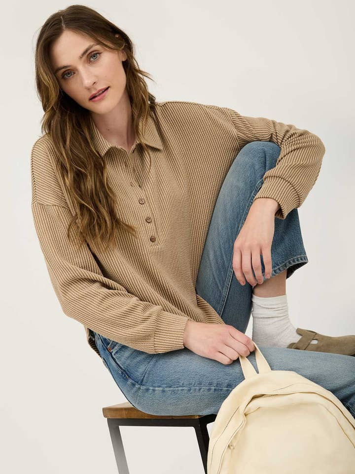 Blu Pepper - Wholesale Knit Top - Women's - PINSTRIPE COLLARED HALF BUTTON KNIT TOP9