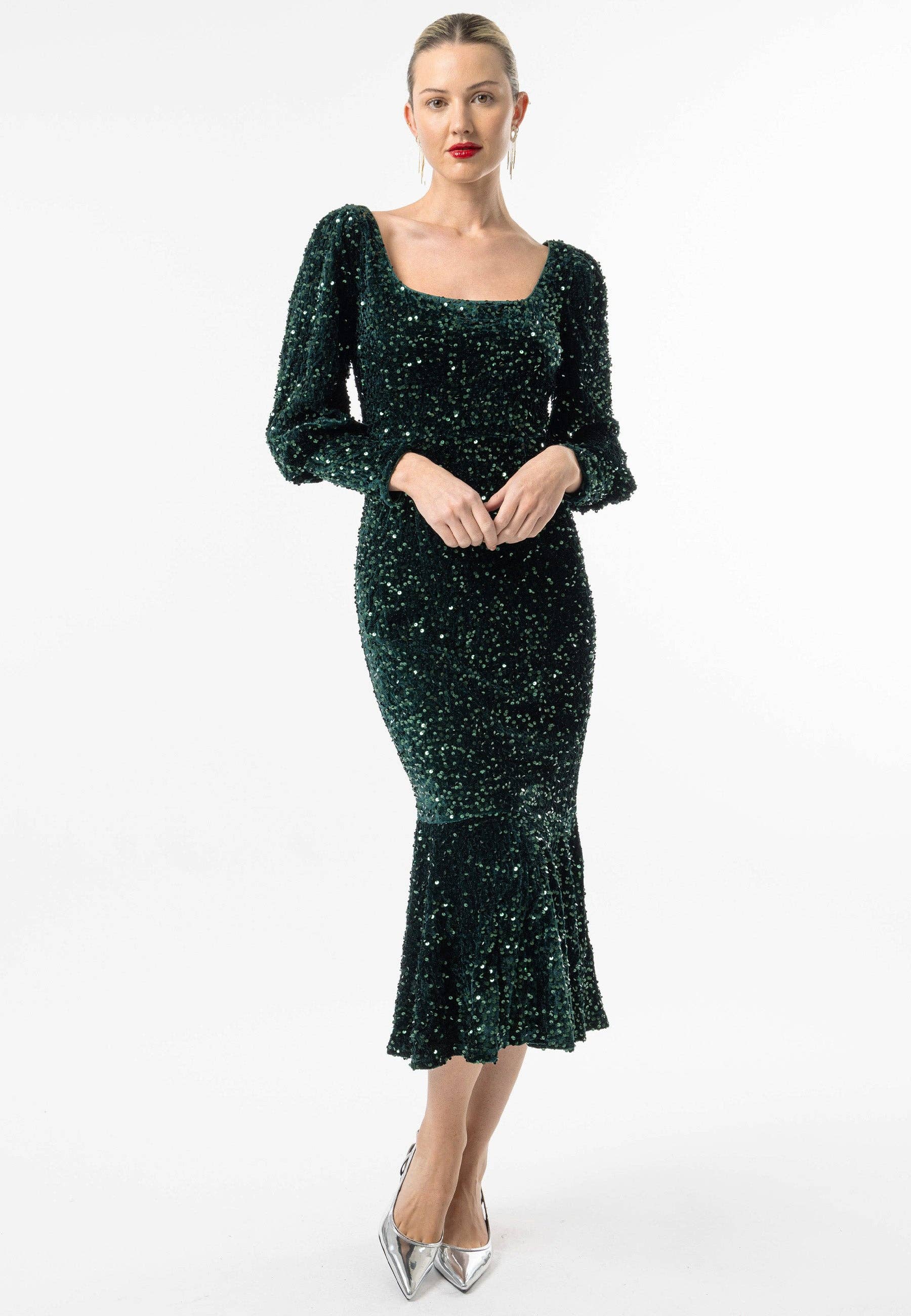 ANGELEYE – wholesale Dress – Women's – Sequin Velvet Bodycon Long Sleeve Evening Dress In Green0