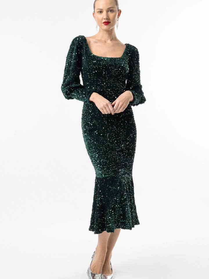 ANGELEYE – wholesale Dress – Women's – Sequin Velvet Bodycon Long Sleeve Evening Dress In Green
