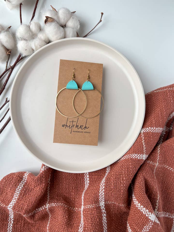 Robins Egg Leather & Brass Circle Earrings for wholesale by Whitebirch Handmade Goods