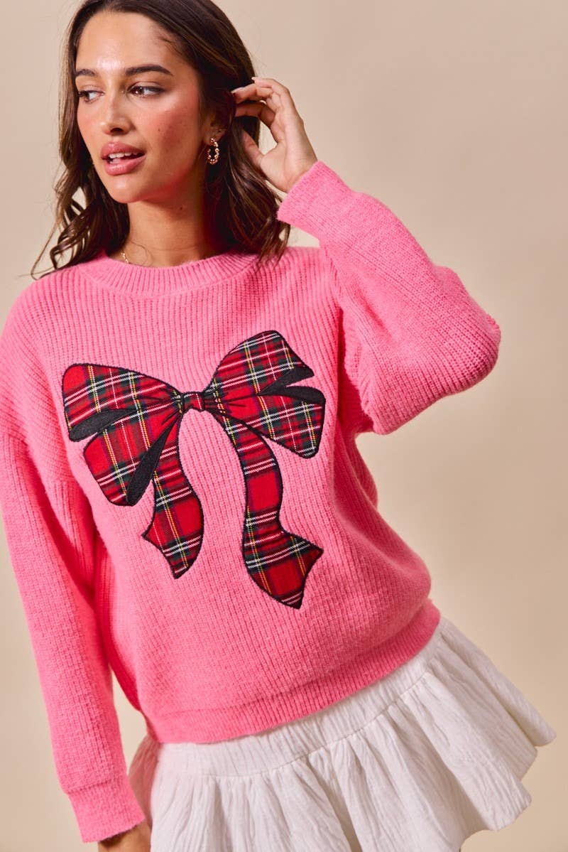 IVE - Wholesale Knit Sweater - Women's - Checker Plaid Ribbon Christmas Holiday Sweater Top11