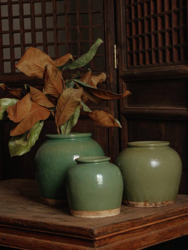 Original celadon green glazen jar or antique clay pot for wholesale by Element Accessories USA