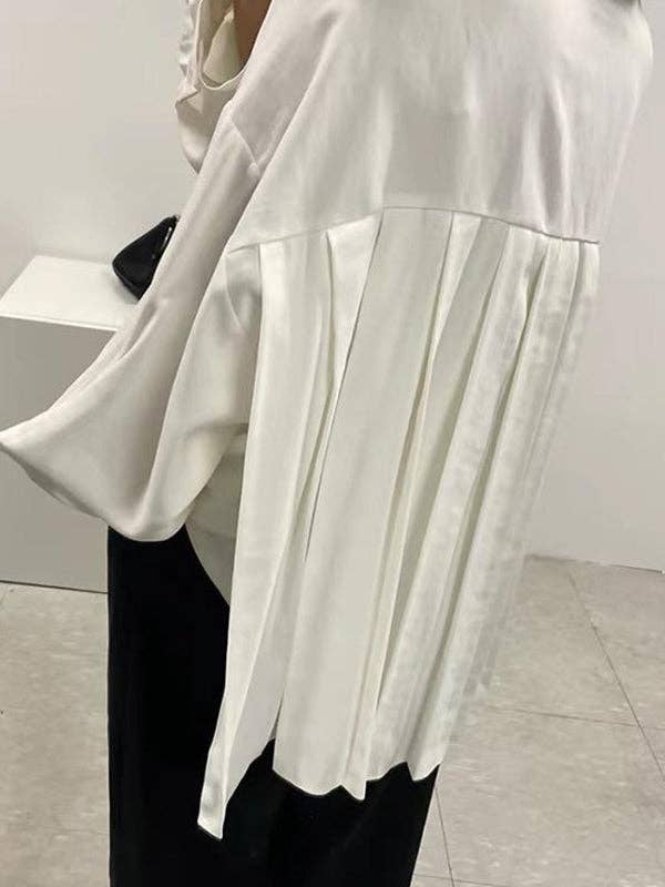 StyleGalX - Wholesale Button Down Shirt - Women's - Simple Long Sleeves Loose Buttoned Pleated Solid Color Lapel Collar Blouses&Shirts Tops5