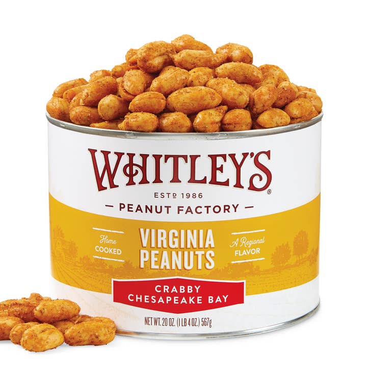 20 oz. Tins Crabby Chesapeake Bay Virginia Peanuts for wholesale by Whitley's Peanut Factory