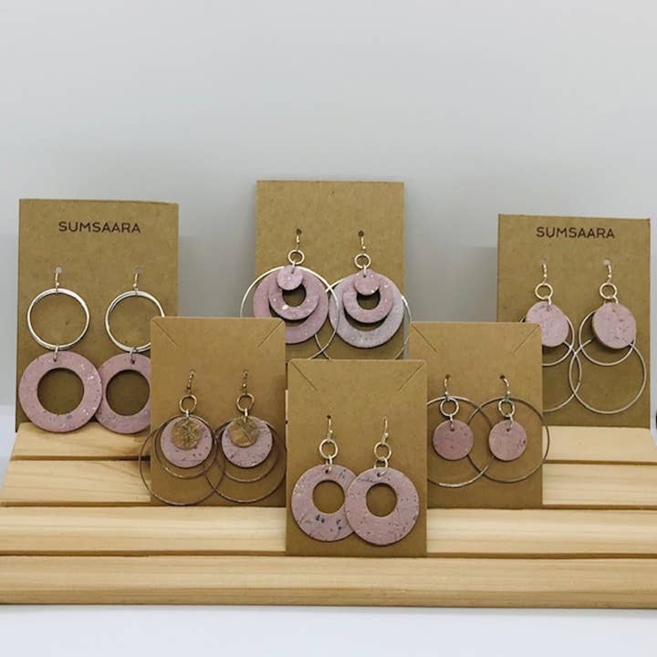 Unique Rose Gold Cork Fabric Silver Tone Earring Set of 6 for wholesale by Sumsaara