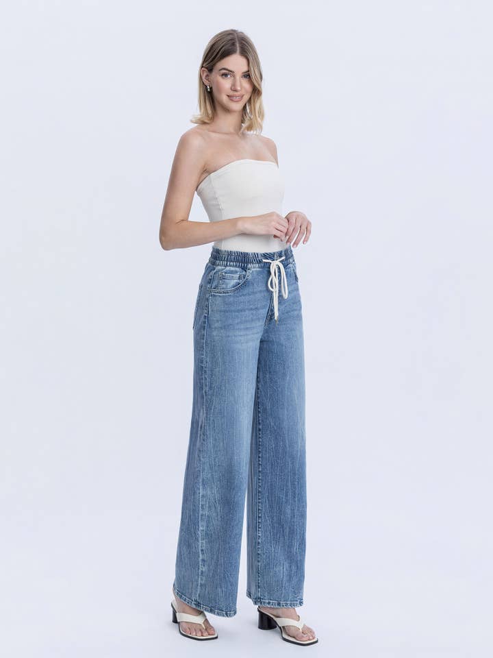 SUPER HIGH RISE ELASTIC WAISTBAND WIDE LEG JEANS T7016 for wholesale by VERVET by FLYING MONKEY
