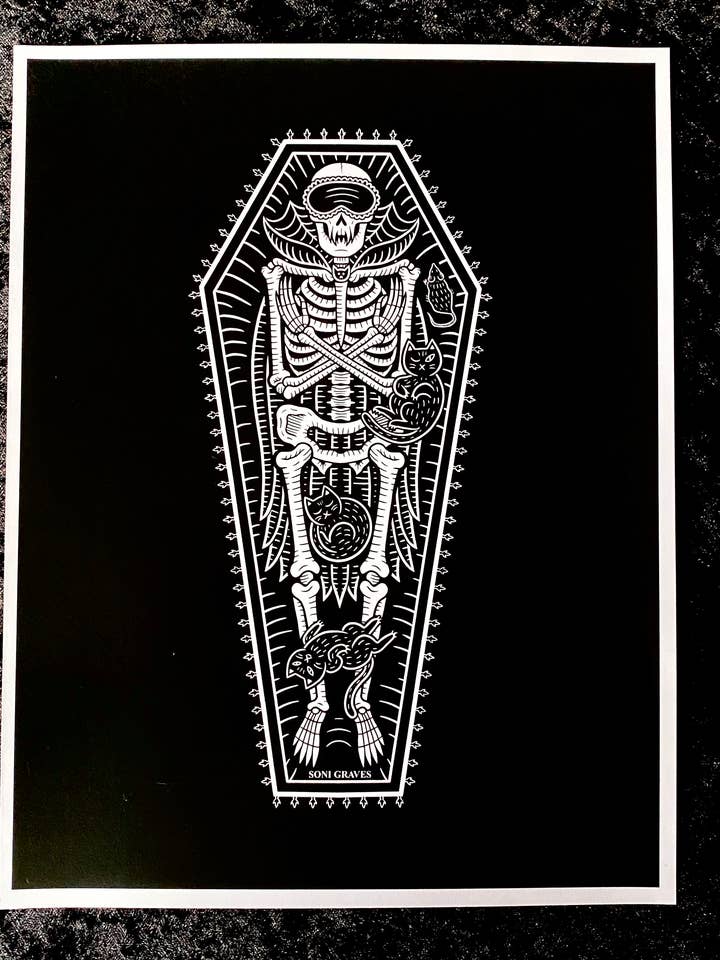 Vampire Cat Nap Print, Letter Size, Spooky Whimsical for wholesale by Soni Graves Artistry