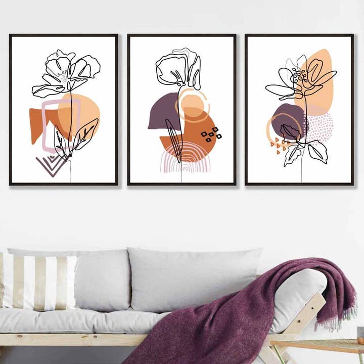 Set di 3 peonie stampe artistiche viola e arancione stile Memphis per la vendita all'ingrosso da parte di Artze Wall Art