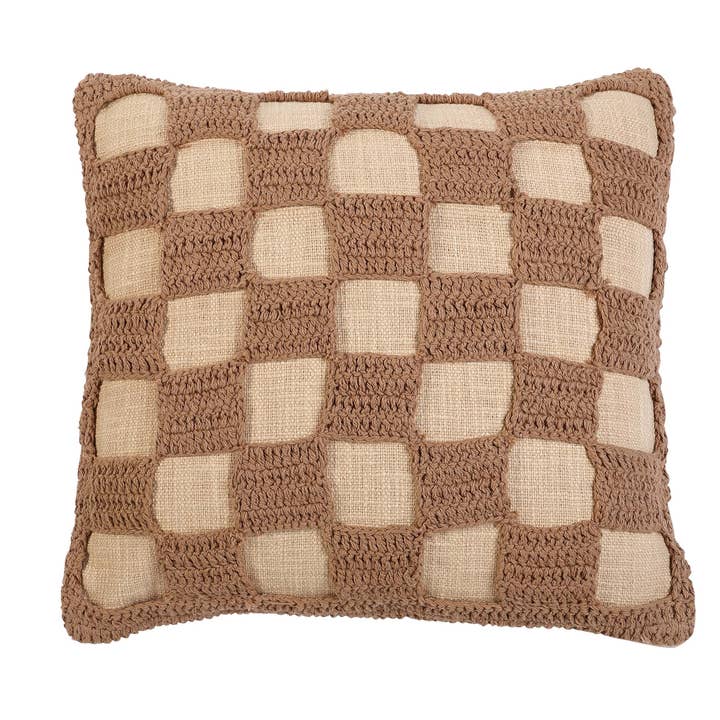 Tarika geruit gehaakt accentkussen, beige, 18 x 18 inch voor wholesale door Casa Amarosa