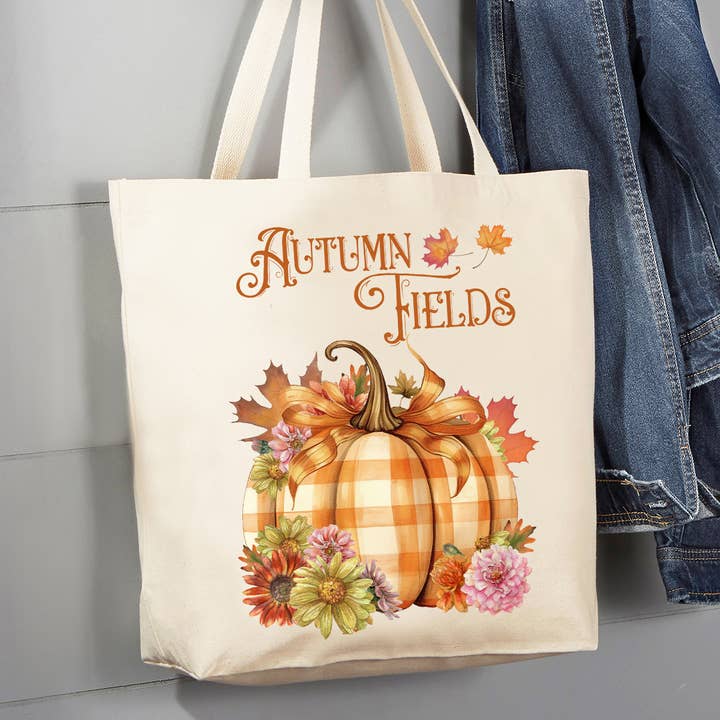 Borsa a tracolla in tela Autumn Harvest Checkered Pumpkins da 12 oz per la vendita all'ingrosso da parte di Avery Lane Gifts