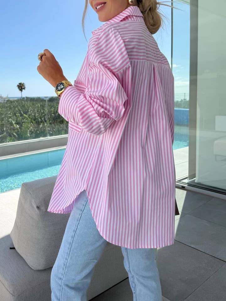 HIDDENBRAND - Wholesale Shirt - Women's - Stylish Casual Buttoned Stripe Print Shirt3