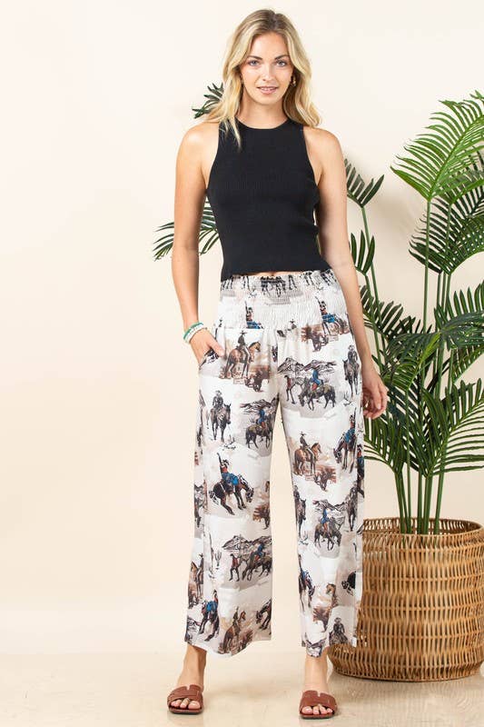 Khaki Multi AV1243-LEO WESTERN PRINT ELASTIC SMOCK WAIST WOVEN PANTS for wholesale on Faire7