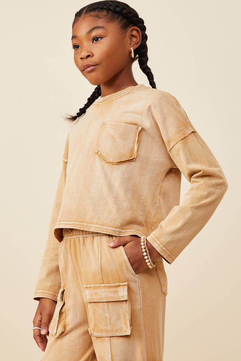 Hayden LA - Wholesale T-Shirt - Kids - Girls Washed Chest Pocket Long Sleeve Knit T Shirt3