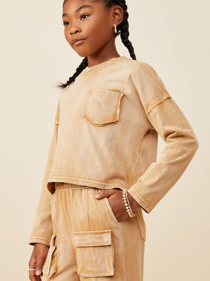 Hayden LA - Wholesale T-Shirt - Kids - Girls Washed Chest Pocket Long Sleeve Knit T Shirt3
