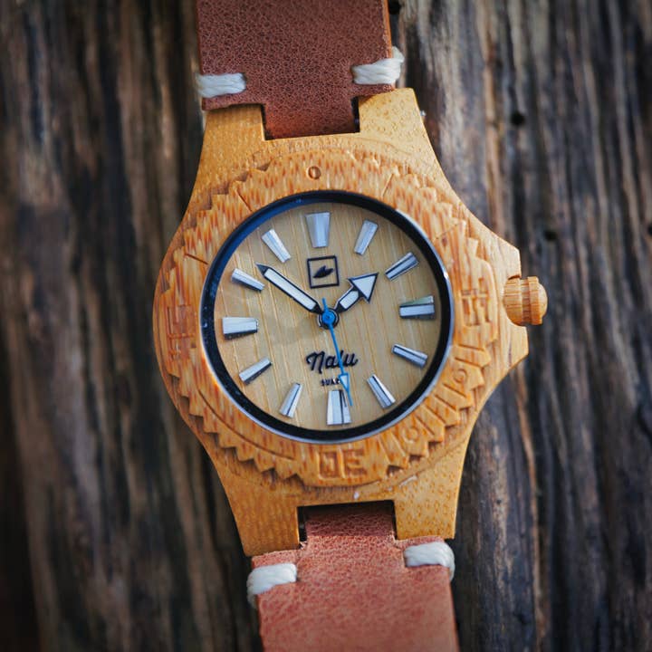 NALU Small Bamboo Watch/Leather Strap by Treeless Products for wholesale by Treeless Products