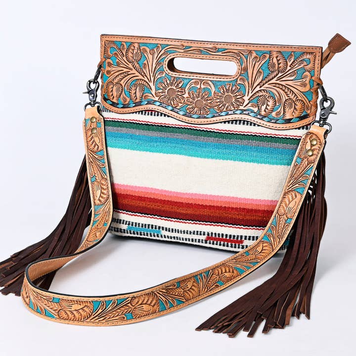 ADBGS146 Serape Wool & Turquoise Tooled Leather Crossbody - Fiesta Fringe Edition for wholesale by LS Western