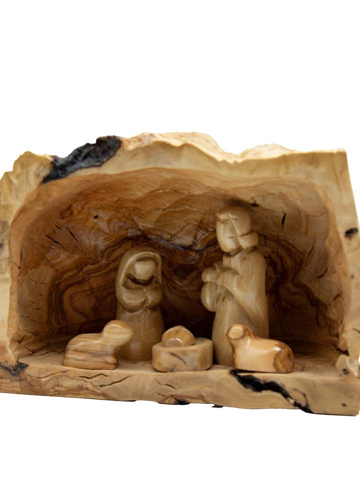 Hand-Carved Olive Wood Nativity in Natural Log - The Silent Witness Collection for wholesale by Bethlehem Shop