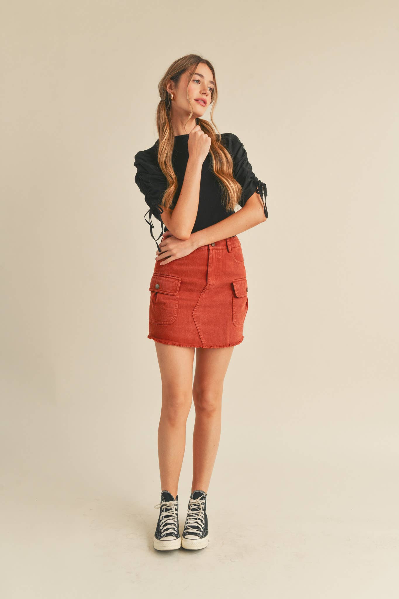 &MERCI - Wholesale Knit Top - Women's - RUCHED SLEEVE MIXED MEDIA TOP MSW246411