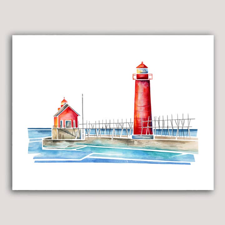 Grand Haven Lighthouse (Michigan) watercolor print for wholesale by Emily Frushour