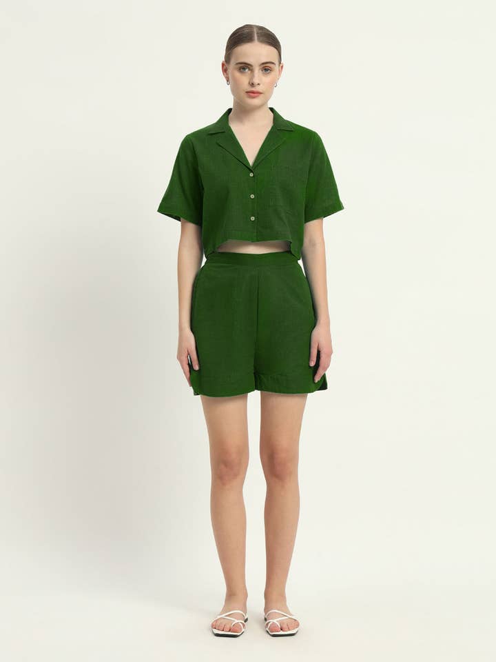 Conjunto coordinado de camiseta corta y pantalones cortos esmeralda para venta al por mayor de Thevasa