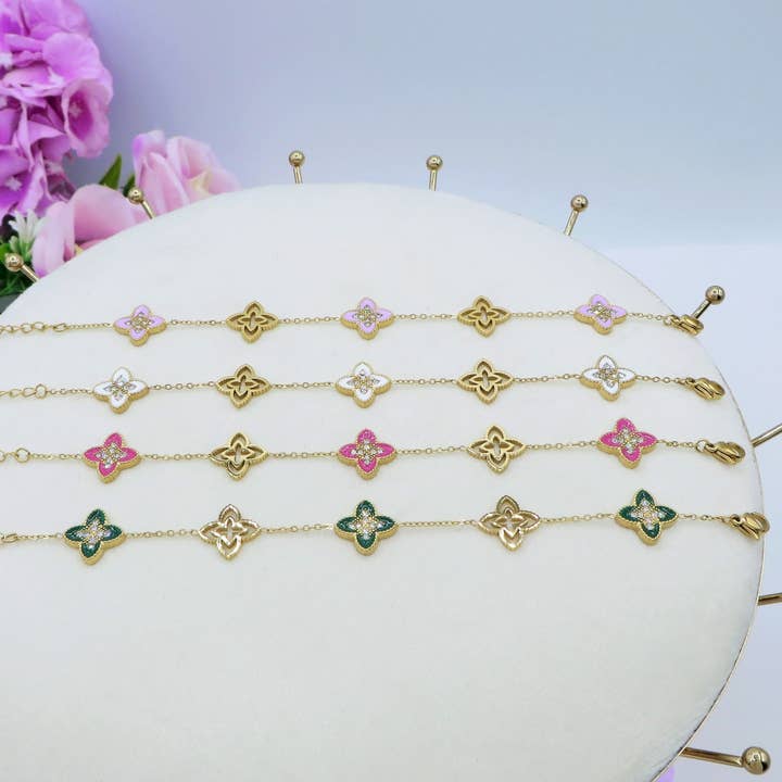 Daemon srls - Wholesale Charm/Dangle Bracelet - LILY SHINE ~ Bracciale flowers in ACCIAIO inossidabile smaltato + cubic zirconia2