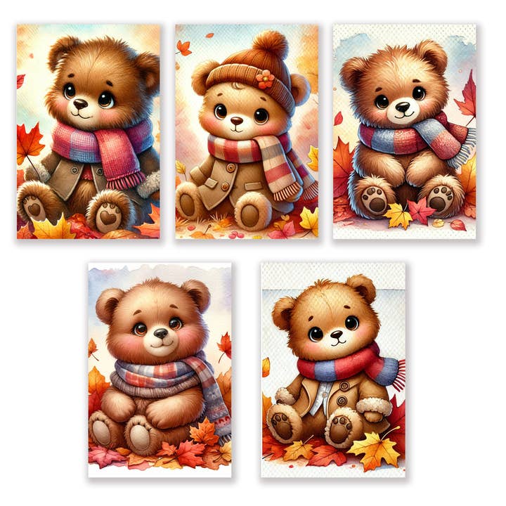 10 Handmade Notecards 4x6 with Envelopes Blank Folded Winter Teddy Bears for wholesale by Blue Morning Expressions