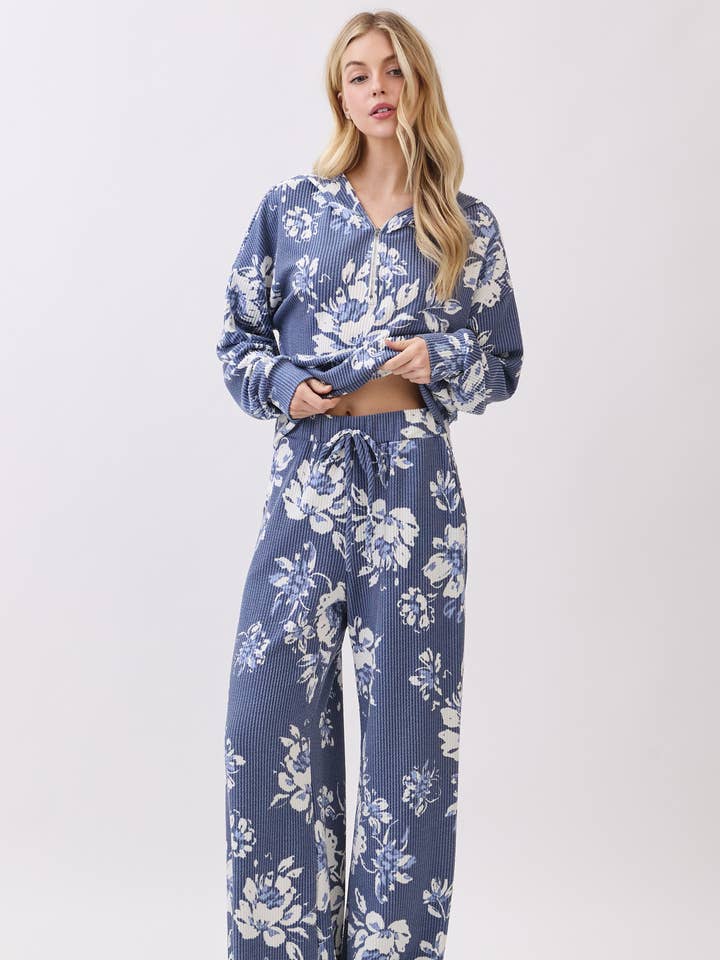 PA1160 Floral Print Rib Knit Wide-Leg Pants for wholesale by BOMBOM