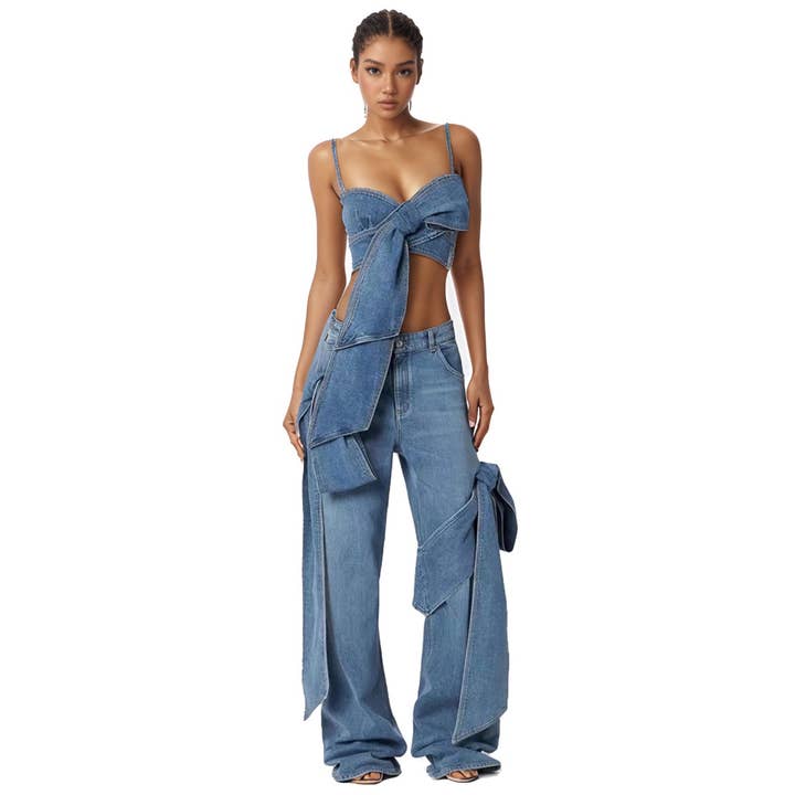 Sanyao Fashion retro set met strik-tube top en wijde high-waist jeans voor wholesale door Sanyao Fashion