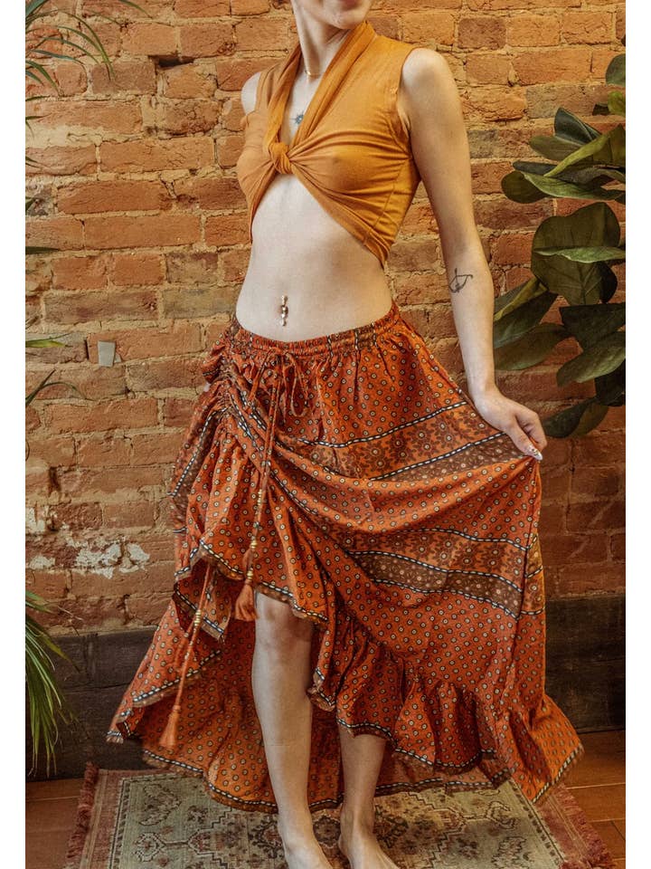 Gardenbelle Shop – Großhandel Rock – Damen – Hippie-Boho-Seidenrock, Maxirock mit Rüschen und Blumenmuster